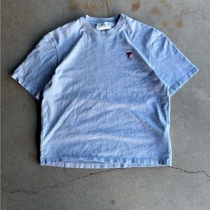 Ami Paris Alexandre Mattiussi Light Blue Cotton T-Shirt with Red Logo